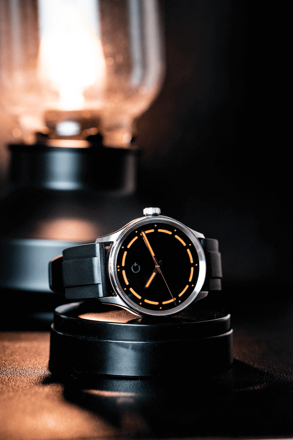 NanoBlack watch with orange dial, which glows green in the dark. Super black watch from Chronotechna 2018
