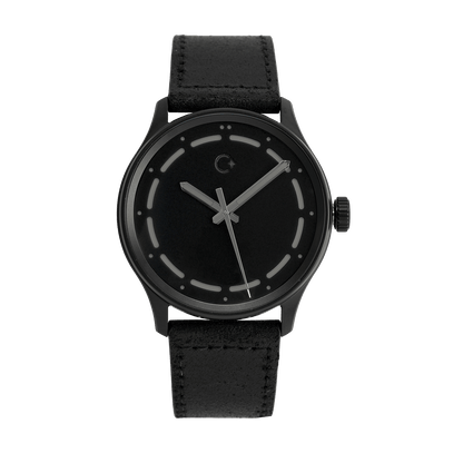 All Black NanoBlack hodinky s černým koženým páskem, 100m vodotěsnost, Sellita SW200-1 strojekt, Chronotechna