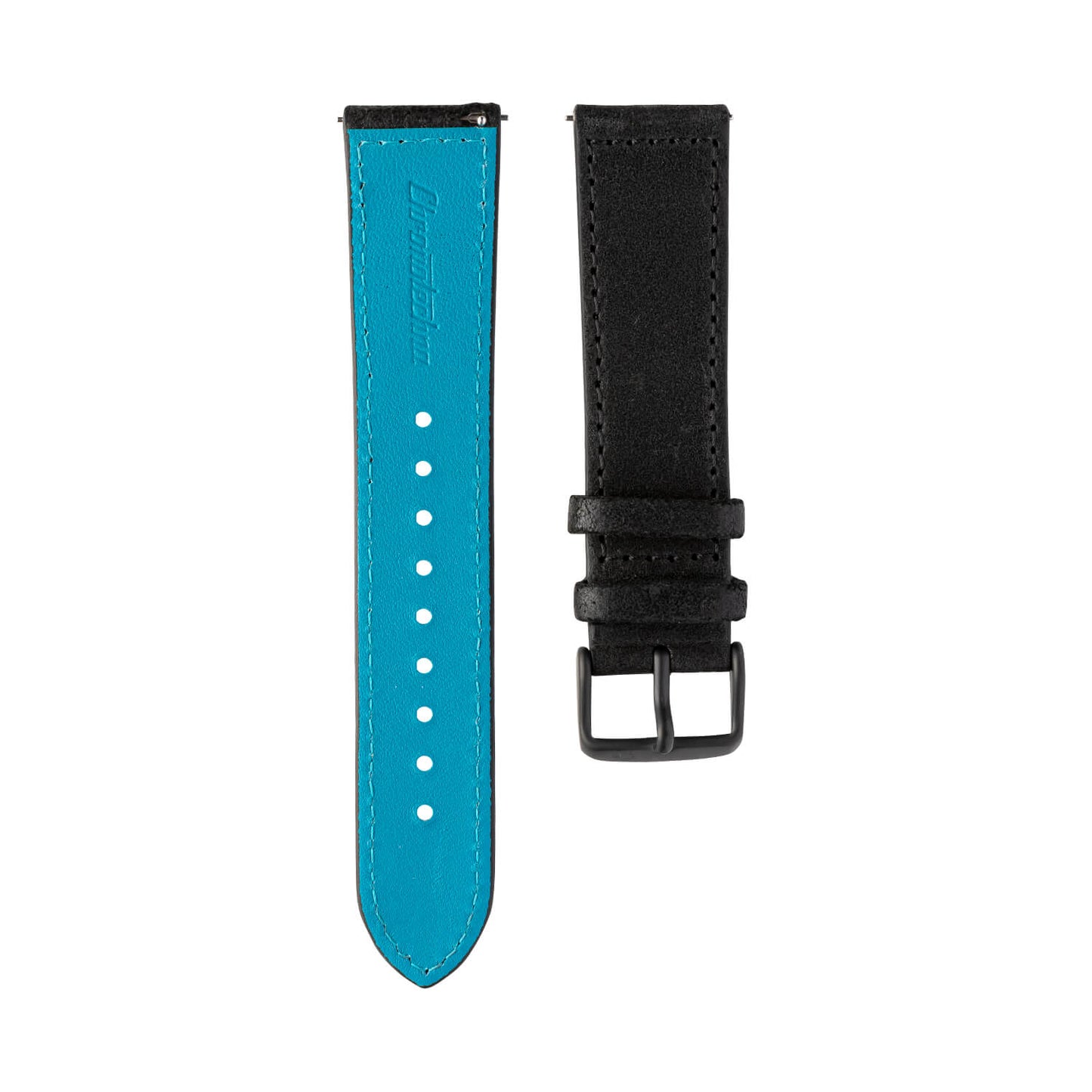 Černý kožený NanoBlack řemínek, modrá spodní vrstva, DLC černá spona, 22mm, rychloupínací stěžejka