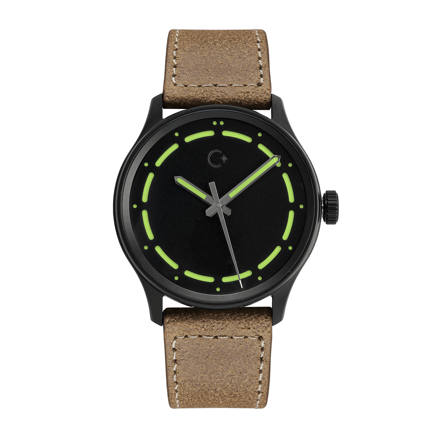 DLC Lime NanoBlack watch, super black watch face, brown leather strap, 42mm, waterproof up to 100m