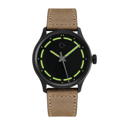 DLC Lime NanoBlack watch, super black watch face, brown leather strap, 42mm, waterproof up to 100m