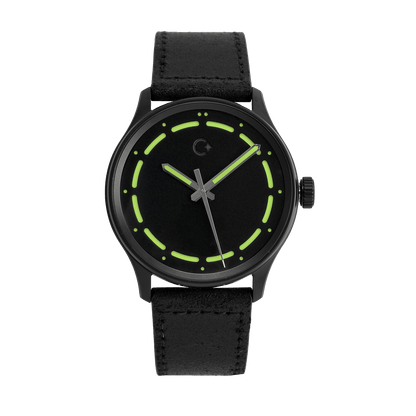DLC Limetkové NanoBlack od Chronotechna, nejčernější hodinky, přesné a odolné pánské hodinky, černý kožený pásek 