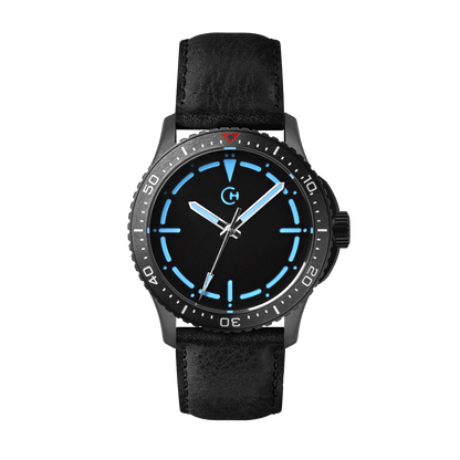 SeaQuest Dive černý kožený řemínek, 22mm, rychloupínací stěžejka, potápěčské hodinky Chronotechna modrý číselník, DLC pouzdro