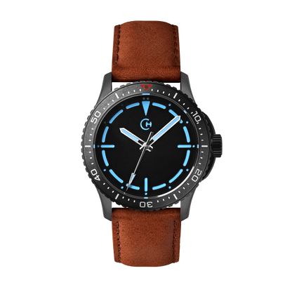 SeaQuest Dive hnědý kožený řemínek, 22mm, rychloupínací stěžejka, potápěčské hodinky Chronotechna modrý číselník, DLC pouzdro