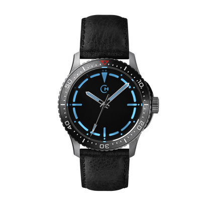 SeaQuest Dive černý kožený řemínek, 22mm, rychloupínací stěžejka, potápěčské hodinky Chronotechna modrý číselník, ocelové pouzdro