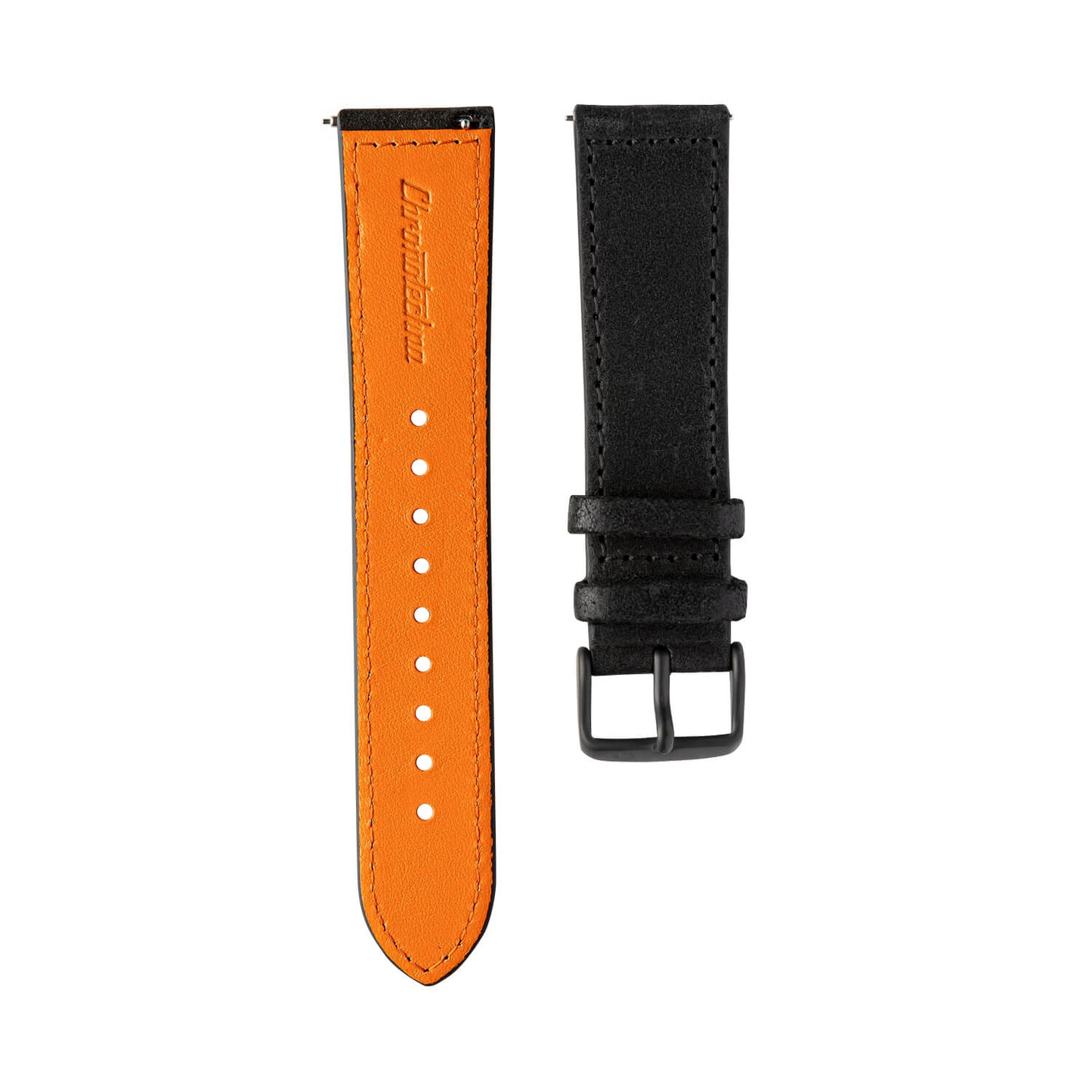 Černý kožený řemínek Chronotechna, oranžová spodní vrstva, hodinky NanoBlack, DLC černá spona, 22mm