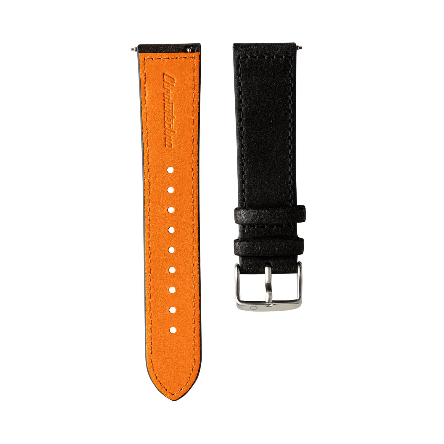 Černý kožený řemínek Chronotechna, oranžová spodní vrstva, hodinky NanoBlack, ocelová přezka, 22mm